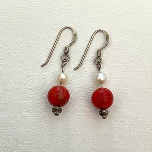 Sterling silver, pearl, and red coral earrings